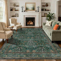 8x10 Area Rugs for Living Room, Large Washable Rug, Green Vintage Floral Boho Rug, Non Slip & Low Pile Faux Wool Thin Carpet for Indoor Dining Room and Bedroom(Dark Green 8x10ft)