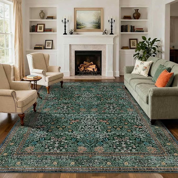 8x10 Area Rugs for Living Room, Large Washable Rug, Green Vintage Floral Boho Rug, Non Slip & Low Pile Faux Wool Thin Carpet for Indoor Dining Room and Bedroom(Dark Green 8x10ft)
