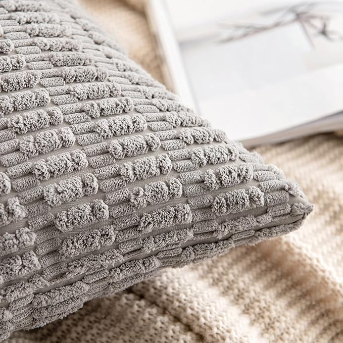 MIULEE Pack of 2 Corduroy Decorative Lumbar Throw Pillow Covers 20x12 Inch Soft Boho Striped Pillow Covers Modern Farmhouse Home Decor for Sofa Living Room Couch Bed Light Grey
