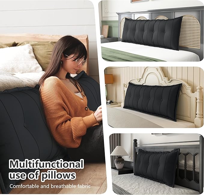 Johnear Bolster Pillow Headboard Backrest Pillow Black Large Daybed Cushion Lumber Back Pad Support Positioning Sofa Bed Rest Reading Pillow （39 x 3 x 20 inches）
