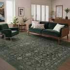 5x7 Area Rugs for Living Room Bedroom, Washable Rug, Green Vintage Floral Boho Rug, Non Slip & Low Pile Faux Wool Thin Carpet for Indoor Dining Room and Kids Room(Green 5x7ft)