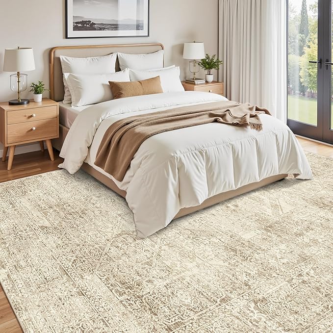 Washable Area Rug 8x10, Large Soft Rugs for Living Room Vintage 8x10 Area Rugs for Bedroom Dining Room Floral Non-Slip Thin Brown