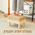 Ottoman Foot Stool Rectangular Footrest Natural Seagrass Footstool with Wooden Legs Hand Weave Multifunctional Modern Dressing Stool, Sofa Side Table for Bedroom for Living Room (White)