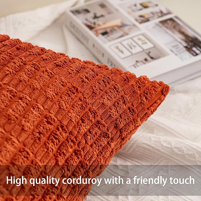 Pack of 2 Corduroy Decorative Throw Pillow Covers 12x20 InchSoft Boho Striped Pillow Covers Modern Farmhouse Home Decor for Sofa Living Room Couch Bed（Rust）