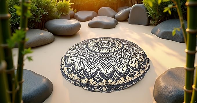 32" Gold Mandala Barmeri Large Floor Pillow Cover Cushion Meditation Seating Ottoman Throw Cover Hippie Decorative Zipped Bohemian Pouf Ottoman Poufs, Pom Pom Pillow Cases (Gold Black, 32 inch Round)