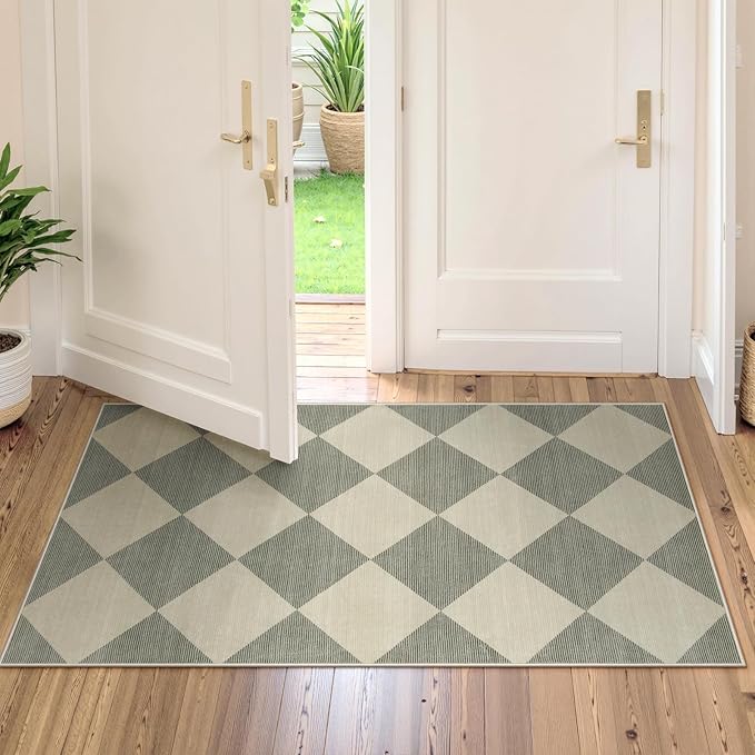 Beeiva Checkered Rug Runners for Hallways Non Slip, 2x4 Washable Runner Rug for Kitchen Ultra Thin Green Entryway Runner, Gingham Diamond Decor Farmhouse Throw Carpet for Bathroom Laundry