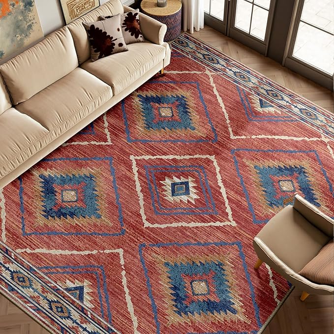 Area Rug 7x9 Rug Machine Washable Non-Slip Low Pile Print Pattern Western Rug for Living Room Bedroom Entryway Tribal Series-Red/Orange