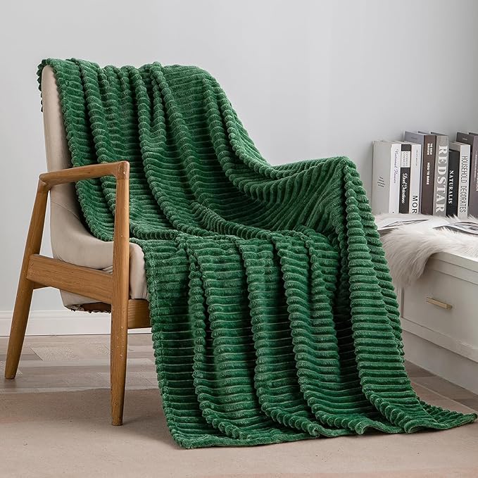 MIULEE Fleece Throw Blanket for Couch 300GSM Super Soft Lightweight Plush Striped Throws, Dark Green Warm Cozy Breathable Ribbed Blanket for Bed/Sofa, Twin Size 60"x80"