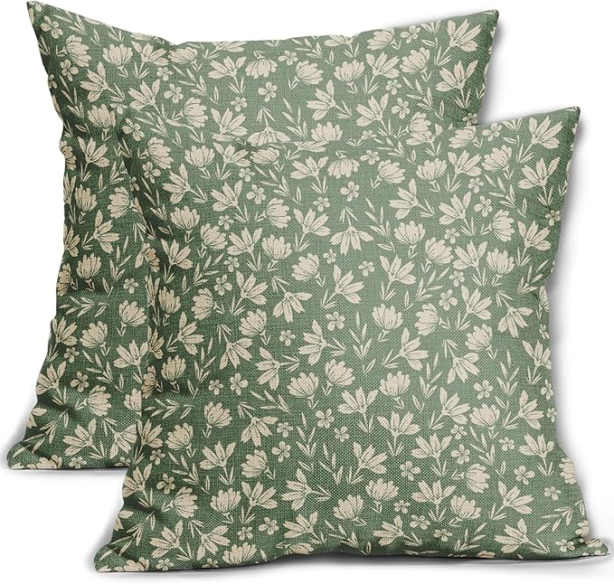 Spring Sage Green Pillow Covers 20x20 Set of 2 Vintage Floral Rustic Old Style Cute Flower Print Decorative Outdoor Pillowcases Seasonal Farmhouse Throw Cushion Case Decor for Couch Sofa Bed