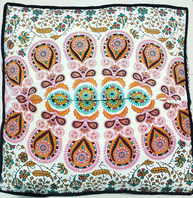 CRAFT KALA Mandala Floor Pillow Cushion Cover Seating Throw Cover Hippie Decorative Bohemian Ottoman Poufs Pom Pom Pillow Cases Boho Indian Cotton Living Room Yoga Home Décor 35" Square,Mustard Mirchi