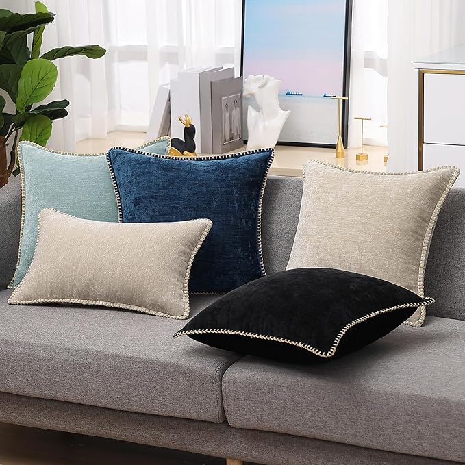 decorUhome Chenille Soft Cozy Throw Pillow Covers 16x16 Set of 2, Modern Farmhouse Boho Velvet Decorative Pillow Cases with Stitched Edge for Couch Sofa Bed Home Decor, Poseidon