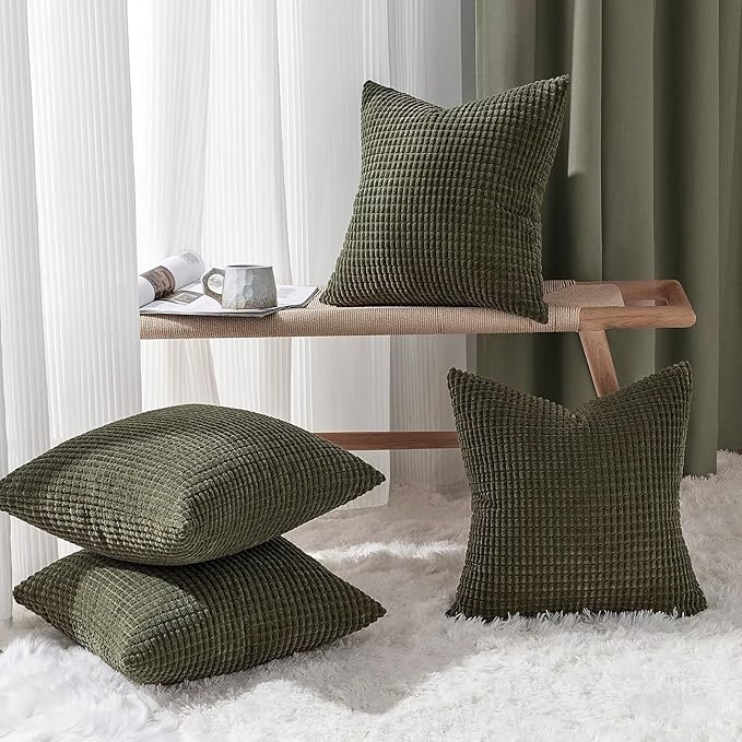 Topfinel 4 Packs OliveGreen Decorative Throw Pillow Covers 20x20 Inch for Living Room Couch Bed Sofa, Boho Western Farmhouse Home Decor, Square Soft Moss Corduroy Fall Cushion Case 50x50 cm