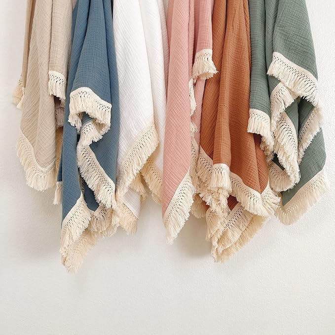 Muslin Cotton Baby Receiving Blanket with Fringe, Boho Bohemian Tassels, Nursery Decor, Boy or Girl Unisex Swaddle Wrap, Use as Throw or Nursing Fringed Blankets (Tan)
