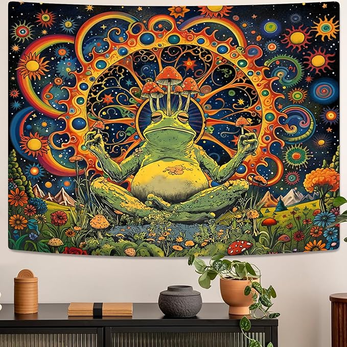 ARTCREATOR Funny Vintage Frog Mushroom Tapestry, Whimsical Mushroom Decor Hippie Wall Tapestries for Living Room Bedroom (29" x 37")