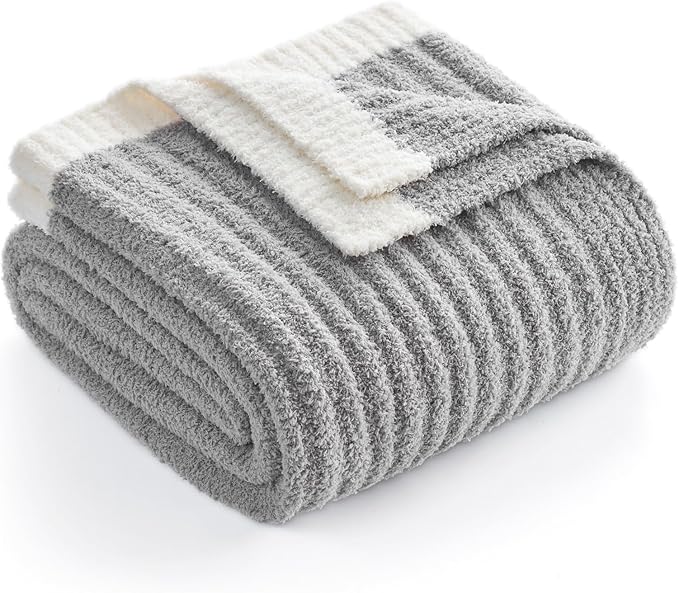 Snuggle Sac Fluffy Ribbed Grey Blanket Twin Size, Soft Luxurious Knit Fuzzy Microfiber Blankets for Couch, Sofa, Bed, Grey, 60x80 inches