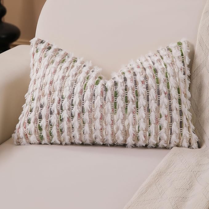 Boho Lumbar Pillow Cover 12x20 Inch Pack of 1 Farmhouse Rectangle Decorative Couch Throw Pillow Cover Forest Green Chenille Tufted Striped Pillowcase for Living Room Sofa Bed