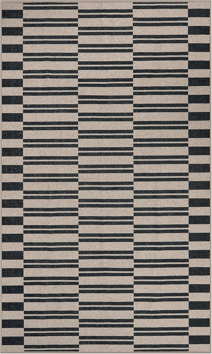 Lahome Elance Striped Easy Jute Rug, 3x5 Outdoor Patio Porch Rug Washable Rugs for Entryway, Indoor Outdoor Living Room Carpets, Farmhouse Neutral Non Slip Black Carpet for Backyard Bedroom RV