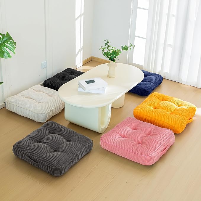 HIGOGOGO Floor Pillow Cushion for Adults, Meditation Cushion Pillow, Large Square Floor Sitting, Tufted Corduroy Cover, for Tatami Living Room or Yoga, 22x22 Inch, 2Pack, Pink