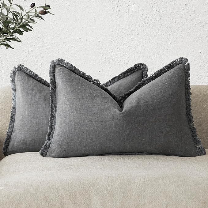 Foindtower Set of 2 Decorative Linen Fringe Lumbar Throw Pillow Covers Boho Farmhouse Cushion Cover with Tassels Soft Accent Pillowcase for Couch Sofa Bed Living Room Home Decor,12×20 Inch,Gray