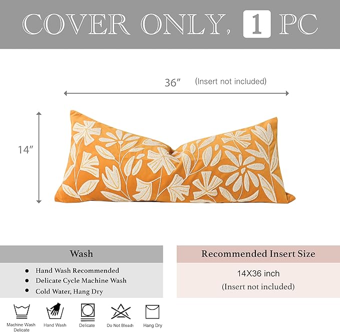 BlissBlush 14x36 Lumbar Pillow Cover for Bed, Yellow Mustard Rectangular Long Throw Pillowcase, Embroidered Velvet Floral Tufted Farmhouse Accent Cushion (Cover Only)