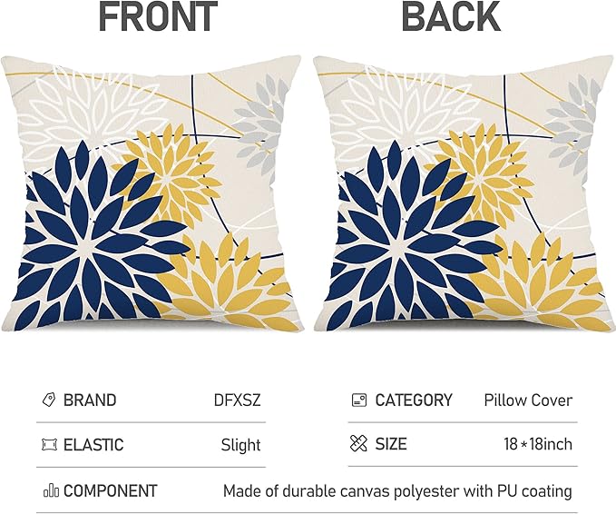 Outdoor Pillow Covers 20x20 Inch Set of 2 Navy Blue Yellow Outdoor Waterproof Decorative Throw Pillows Summer Spring Decor for Home Patio Funiture Garden Living Room Polyester Cushion Covers 01G20