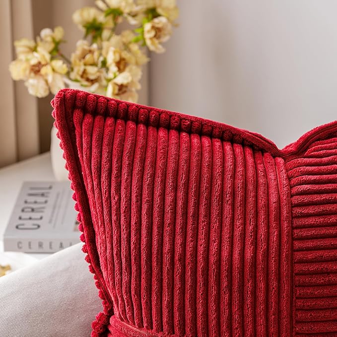 MIULEE Decorative Euro Sham Throw Pillow Covers for Couch Bed Livingroom 26x26 Inch Set of 2 Red Boho Accent Throw Pllows Broadside Striped Patchwork Soft Corduroy Pillowcases