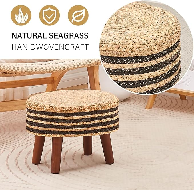 Cpintltr Round Ottoman Natural Seagrass Footstool Hand Weave Water Hyacinth Poufs Eco Friendly Sofa Foot Stool Soft Step Stool Padded Foot Rest with Pine Legs for Living Room (Black and Solid)