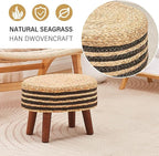 Cpintltr Round Ottoman Natural Seagrass Footstool Hand Weave Water Hyacinth Poufs Eco Friendly Sofa Foot Stool Soft Step Stool Padded Foot Rest with Pine Legs for Living Room (Black and Solid)