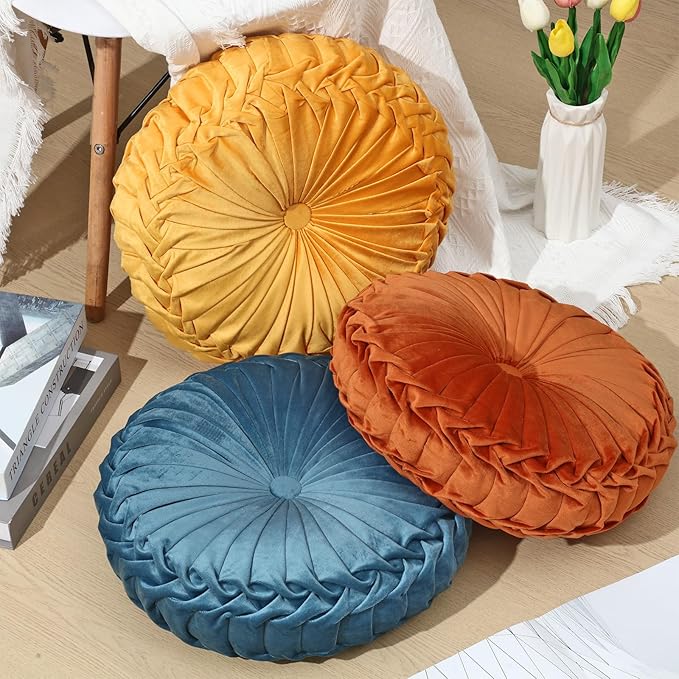 Round Throw Pillows Decorative Pleated Throw Pillows 15'' Diameter Accent Pumpkin Boho Chair Cushion for Couch Sofa Home Decoration(Yellow, Brown, Blue,3 Pcs)