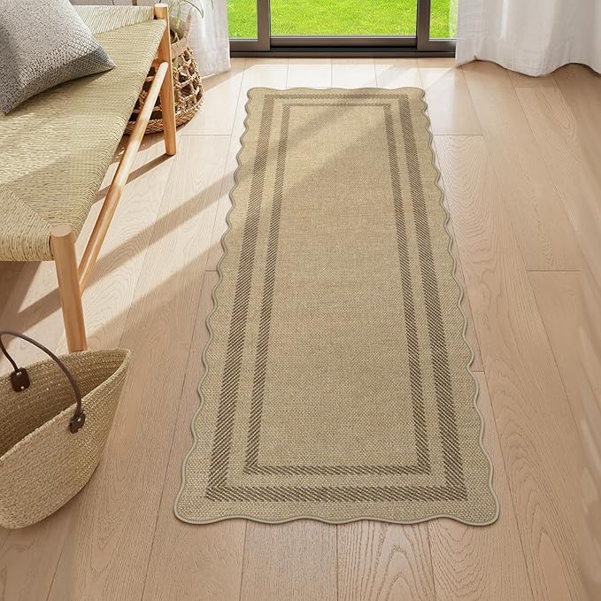 LIVEBOX Scalloped Washable 2x6 Kitchen Runner Rug, Easy Jute Geometric Tan Rugs for Entryway, Indoor Outdoor Non Slip Rug Farmhouse Modern Carpet Door Mat for Porch Bedroom Laundry Room Hallway