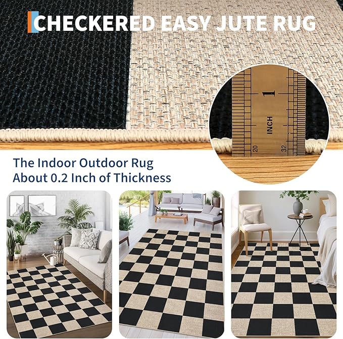 GarveeHome Easy Jute Rugs 2x8 Checkered Kitchen Runner Rugs Non Skid Washable Stain Resistant Indoor Outdoor Rugs for Living Room, Bedroom, Dining, Patio - Farmhouse Style Black