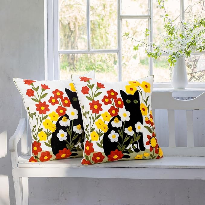 Breling 2 Pack Embroidered Cat Pillow Covers 18x18 Inch Cute Black Cat Floral Pillow Covers with Zipper Velvet Tufted Decorative Whimsical Fun Couch Pillows Cover for Living Room Sofa Bed Home Decor