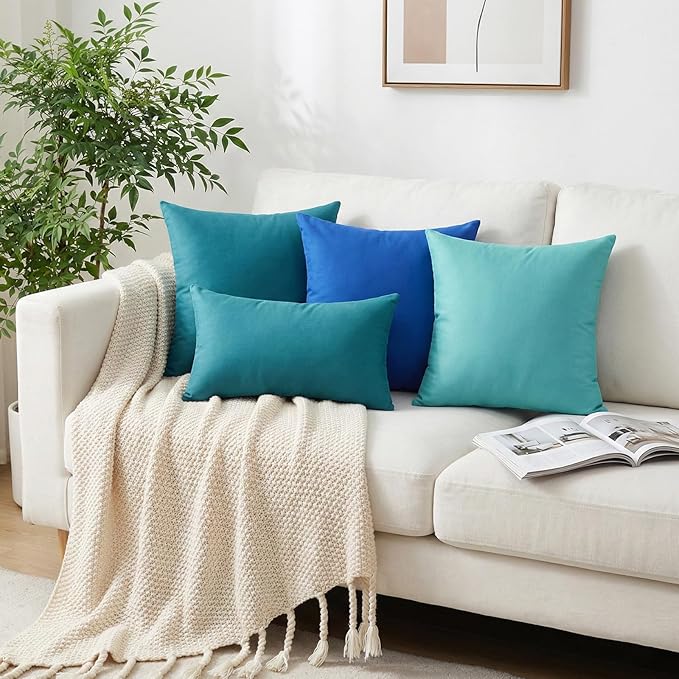 Thmyo 4-Pack 100% Cotton Lumbar Comfortable Solid Decorative Throw Pillow Case, Rectangle Cushion Cover Pillowcase Sublimation Blank Pillow Covers DIY Throw Pillowcase(12x20inch/30x50cm, Lake Blue)