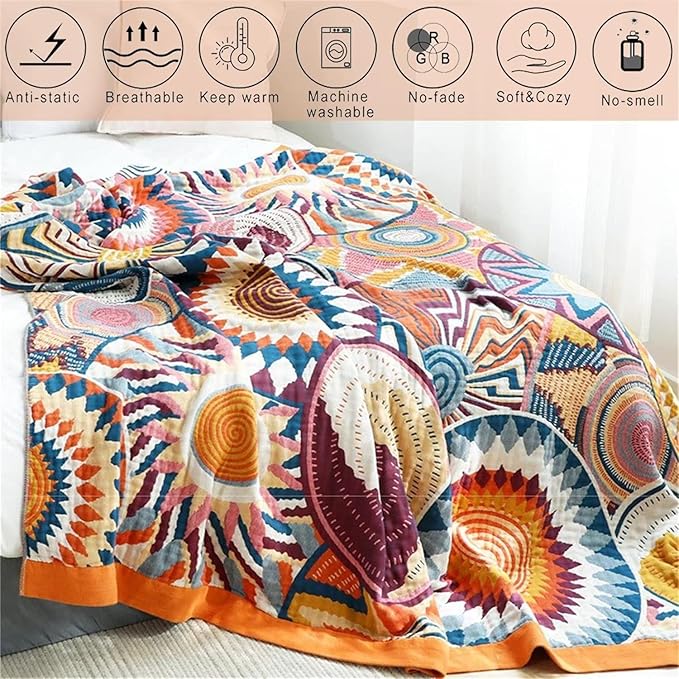 MSGKV Boho Throw Blanket for Bed 60"x80" 100% Cotton Couch Twin Size Blanket Spring Breathable Lightweigh Blankets Home Decor Muslin All Seasons