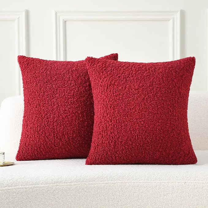 FUTEI Maroon Throw Pillow Covers 20x20 Inch Set of 2,Furry Faux Fur Teddy Boucle Textured Cushion Covers,Soft Fluffy Decorative Pillow Case,Home Decor for Couch Bed Living Room Office Car