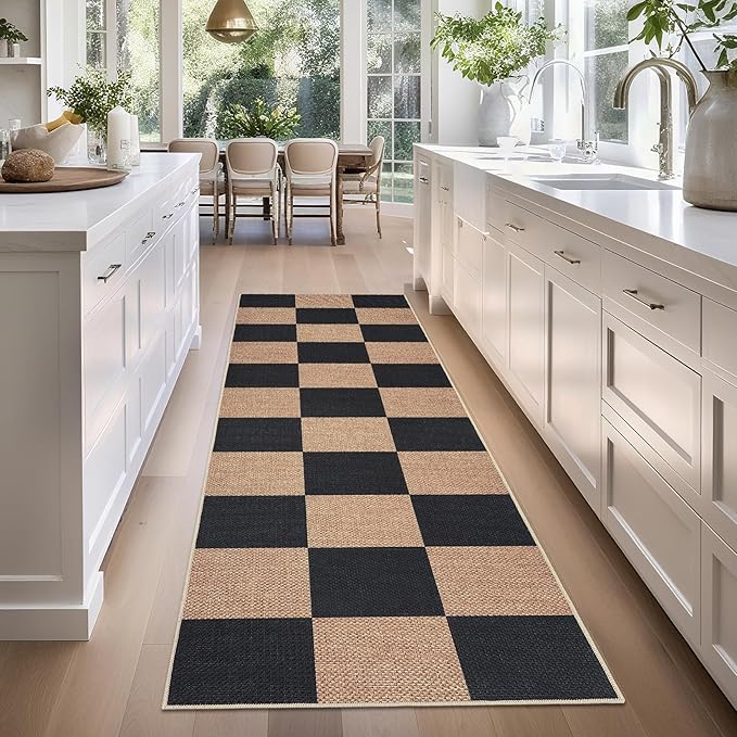 GarveeHome Checkered Easy Jute Runner Rug 2x6 Non-Slip Machine Washable Stain Resistant Indoor Outdoor Rugs for Living Room, Bedroom, Kitchen, Dining, Patio - Farmhouse Style Black Tan