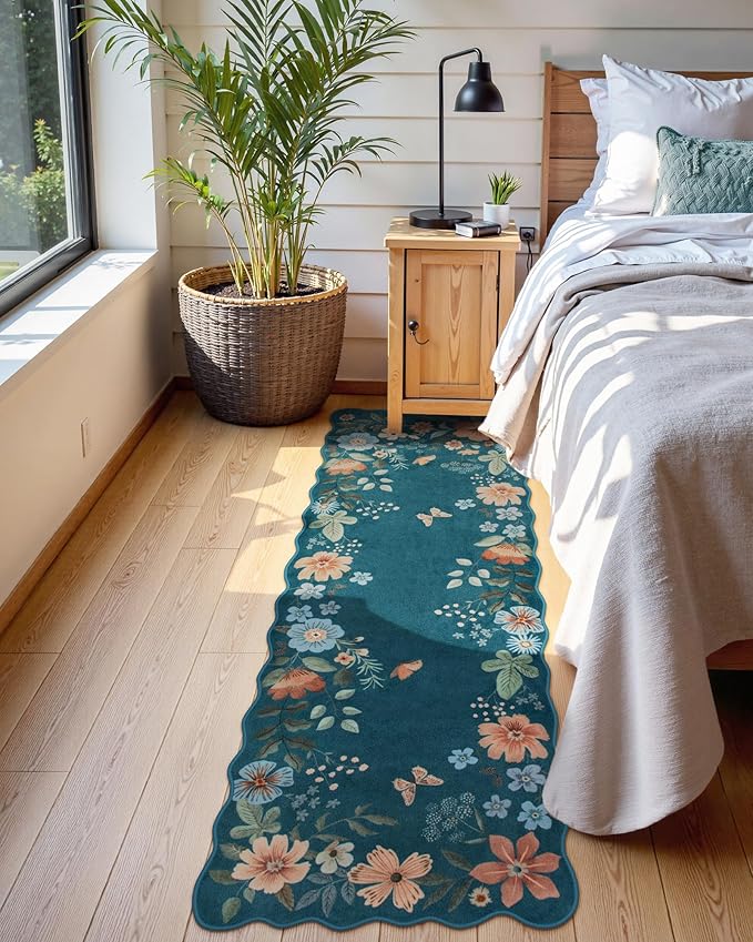 Lahome Floral Washable Runners for Hallways, 2x5 Kitchen Runner Rug Ultra-Thin, Non-Slip Stain Resistant Boho Low-Pile Carpet Runner for Bathroom Bedroom Flore (2x5ft,Navy Blue)