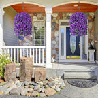 HyeFlora Artificial Faux Hanging Flowers Plants Basket for Outdoor Outside Porch Decoration, UV Resistant Fake Silk Purple Morning Glory Trailing Vines Realistic for Summer Home Balcony Yard Patio