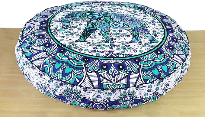 CRAFT KALA Mandala Floor Pillow Cushion Cover Seating Throw Cover Hippie Decorative Bohemian Ottoman Poufs Pom Pom Pillow Cases Boho Indian Cotton Living Room Home Décor (35" Round, Standing Elephant)