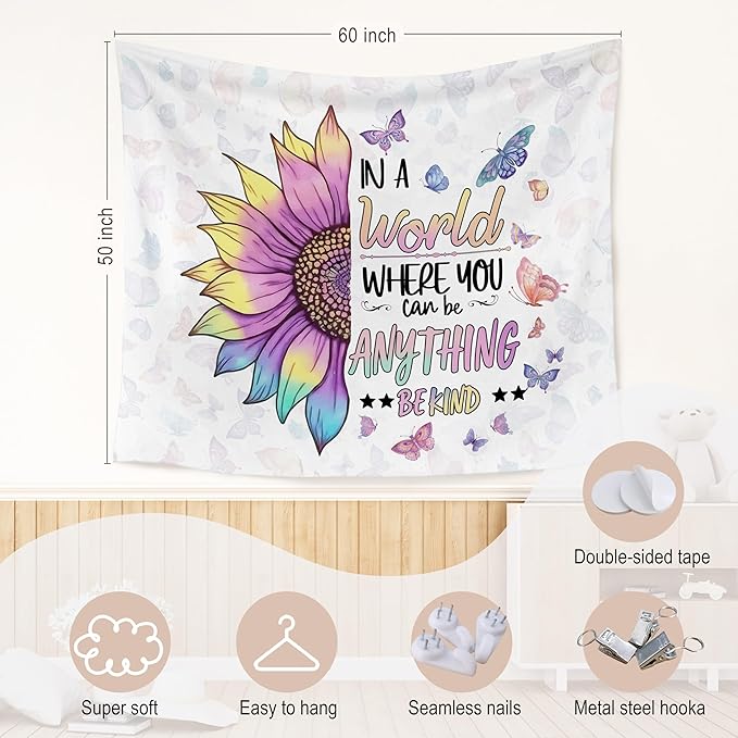 WARDOS Be Kind Sunflower Butterfly Decorations For Kids Tapestry, Inspirational Tapestry Wall Hanging, Be Kind Motivational Wall Blanket Decor for Home Living Room Bedroom Office Classroom, 50x60 Inch