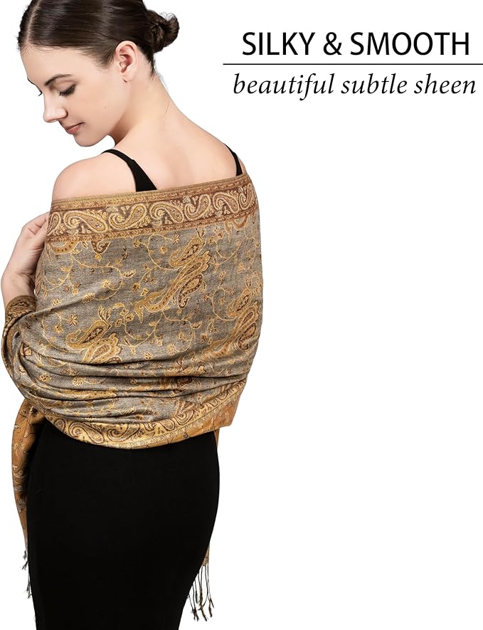 Achillea Reversible Paisley Pashmina Rave Scarf – Exotic Indian Shawls and Wraps for Evening Dresses, Festivals, All Seasons