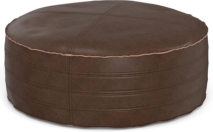 SIMPLIHOME Brody Boho Round Pouf in Distressed Dark Brown Vegan Faux Leather for the Living Room, Bedroom and Kids Room