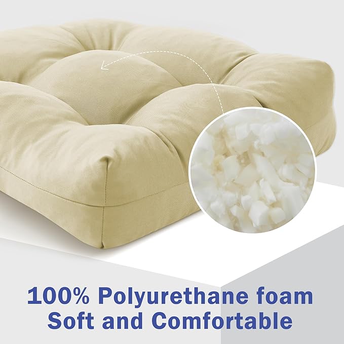 Outdoor Chair Cushions Set of 2, Patio Chair Cushions with Ties, 19x19+5” Tufted Outdoor Seat Cushions, Waterproof Patio Furniture Cushions, Outdoor Dining Chair Pads, Beige