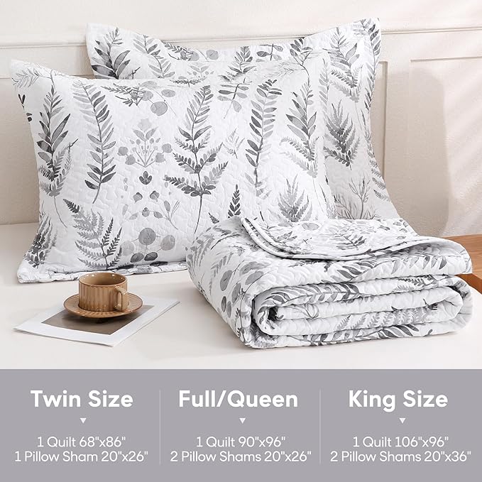 JSD Grey White Floral Quilt Set King Size, 3 Piece Printed Bedspreads Coverlet with Pillow Sham, Soft Microfiber Quilted Blanket