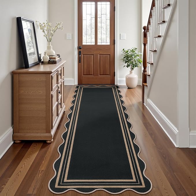 Scalloped Easy Jute Hallway Runner Rug, 2.6x8 Kitchen Non Slip Runner Washable Outdoor Indoor Long Rug, Farmhouse Morden Carpet for Porch Bedroom Laundry