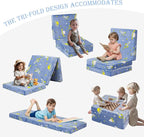 MeMoreCool Foldable Floor Mattress for Kids, Glow Space Trifold Mat, Kids Folding Mattress Portable Futon, 57x22 Inch Blue