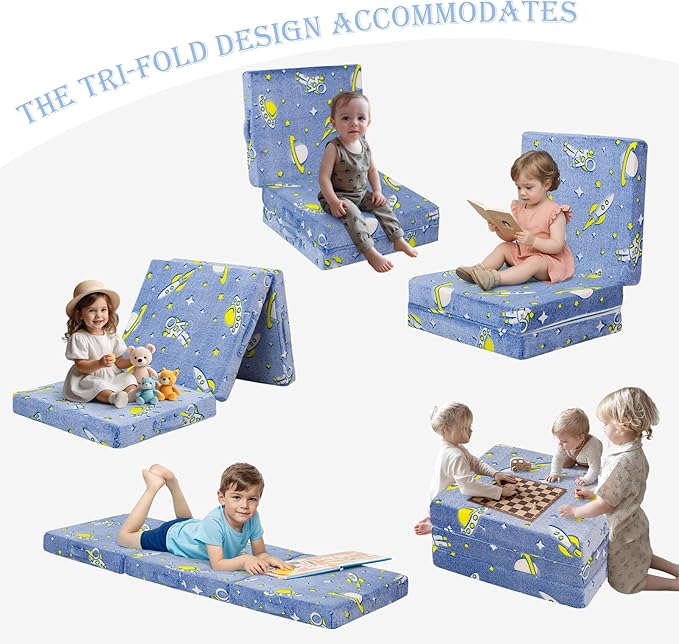 MeMoreCool Foldable Floor Mattress for Kids, Glow Space Trifold Mat, Kids Folding Mattress Portable Futon, 57x22 Inch Blue