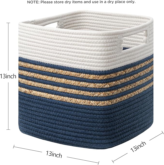 UBBCARE Set of 3 Storage Cubes 13 X 13 X 13 in, Water Hyacinth Storage Bins for Shelves, Toys, Book, Storage Baskets with Handles, Cotton Rope Woven Baskets for Organizing, Blue
