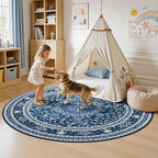 Lessymo 6FT Washable Round Area Rugs for Living Room, Non Slip Circle Rugs Low Pile Vintage Carpet for Bedroom, Dining Room, Nursery, Home Office, Blue White