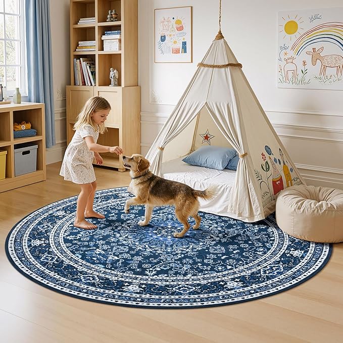 Lessymo Washable 8FT Round Area Rugs for Living Room, Non Slip Circle Rugs Low Pile Vintage Carpet for Bedroom, Dining Room, Nursery, Home Office, Blue White